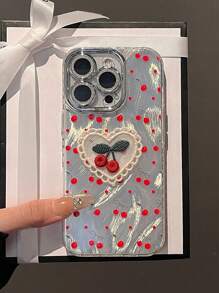 高级 Ins 风格樱桃刺绣心形设计手机壳，兼容 16 ProMax、新款 15 Pro、 14 Plus/13、 12 PM、 11，亮面硅胶软保护套防水防震防摔防刮