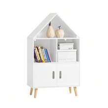 SoBuy KMB58-W KMB58-W, Huisvormig ontwerp Kinderen Boekenkast Boekenplank Speelgoedplank Opbergplank Displayplank Rek met 2 deuren en 3 opbergvakken