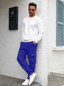 TRFIC Mens Fleece Cargo Sweatpants Heavyweight Elastic Waist Pants With Pockets Baggy Drawstring Jogger Pants - 寶藍色 - 查看 4