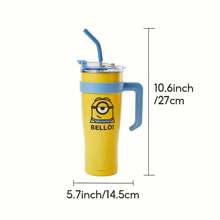 Miniso Vaso de gran capacidad con aislamiento de los Minions, botella de agua portátil, taza de acero inoxidable con asa, tapa y pajita, 1600ml/54.11oz