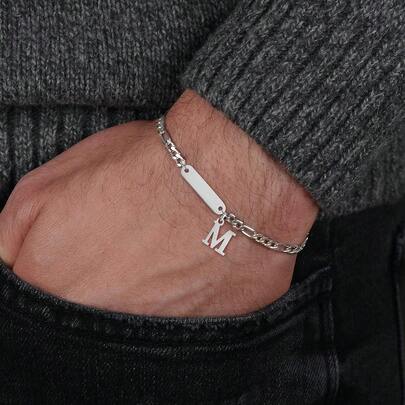 1条新款经典字母长条银色不锈钢费加罗链男士手链