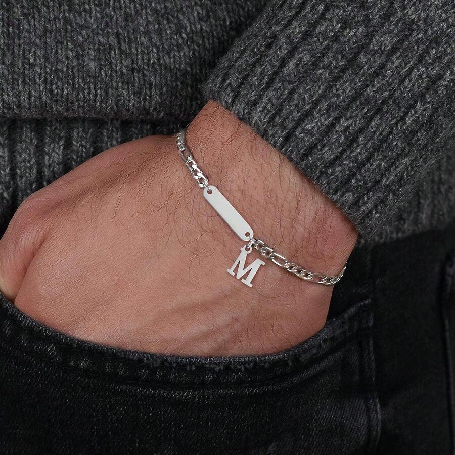 1条新款经典字母长条银色不锈钢费加罗链男士手链 - 銀色 - 查看 1
