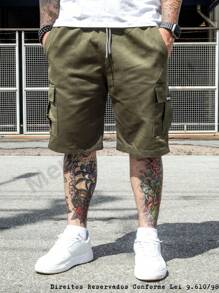Men's Cargo Bermuda Shorts In Colorful Twill Utility With Elastic Waistband - xanh quân đội - Xem 3