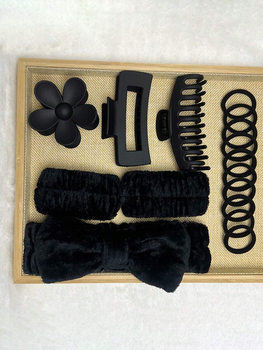 Bộ 16 dây buộc tóc mềm, vòng đeo tay, kẹp tóc để rửa mặt và tạo kiểu tóc, băng đô chăm sóc da, làm đẹp, sản phẩm chăm sóc da, spa, chăm sóc bản thân, dụng cụ chăm sóc da, chăm sóc mặt, đồ dùng thẩm mỹ, da, rửa mặt, chăm sóc da mặt - màu đen - Xem 1