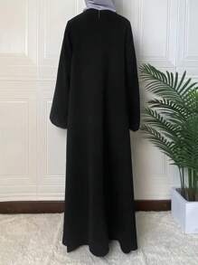 Lace Trim Crew Neck Kaftan Dress, Elegant Long Sleeve MinimalistLoose Fit Maxi Dress, Women's Clothing - Black - View 4