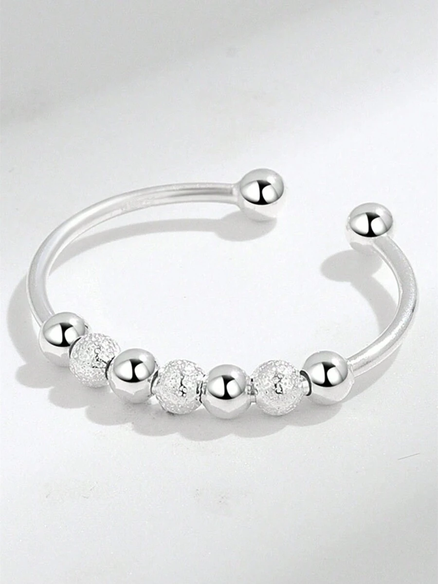 Flyleaf 1 Piece Simple Style S925 Sterling Silver Stress Relief Anxiety Adjustable Ring Matte Beads Open Rings For Women Men Fine Jewelry Suitable For Daily Commuting Wear - Silver - View 1