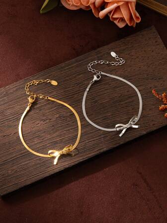 1 件精致甜美蝴蝶结和蛇骨链手链，镀金不锈钢，情人节礼物，女士珠宝礼物，妈妈，母亲，母亲节，礼物