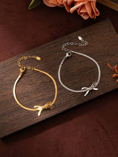 1pc Delicate Sweet Bow & Snake Bone Chain Bracelet, Gold Plated Stainless Steel, Valentine Gift, Women Jewelry Gift,Mom,Mother,Mother's Day,Gift