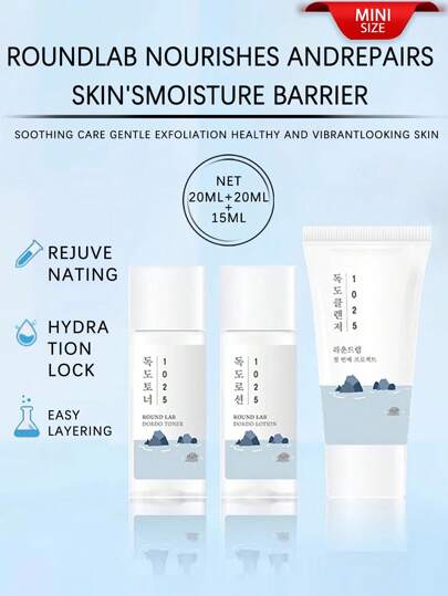 ROUND LAB 1025 Dokdo Skincare Set, 3pcs 15ml Cleanser+ 20ml Toner + 20ml Lotion For Acne Prone Skin [Mini Size]