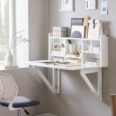 SoBuy FWT07--W, Folding Wall-Mounted Drop-Leaf Table Desk Integrated With Storage Shelves, Wall Desk Table Computer Desk, White