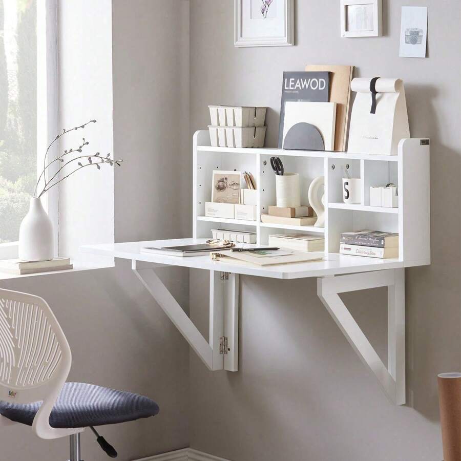 SoBuy FWT07--W, Folding Wall-Mounted Drop-Leaf Table Desk Integrated With Storage Shelves, Wall Desk Table Computer Desk, White - White - View 1