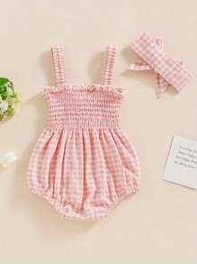 Conjunto de 2 piezas de verano para niñas, mono sin mangas con volantes y tirantes fruncidos con diadema - Rosa - Ver 4