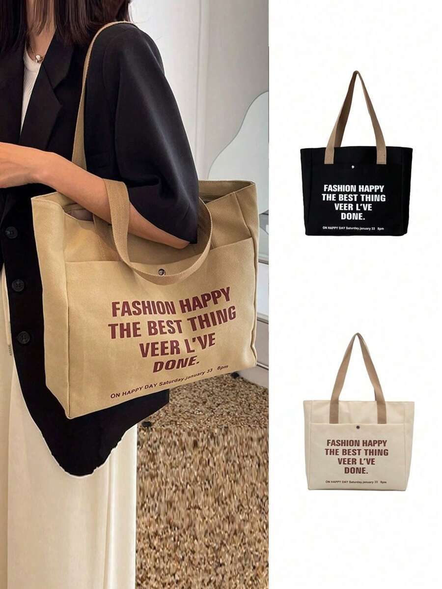 1pc Canvas Shoulder Bag For Women, Versatile Casual Tote, Large Capacity For Books, Students, Commuting - Multicolor - View 1
