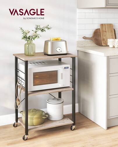 VASAGLE Kitchen Shelf On Wheels, Serving Cart With 3 Shelves, Kitchen Cart, Microwave Shelf, For Mini Oven, Toaster, With 6 Hooks, Industrial Style