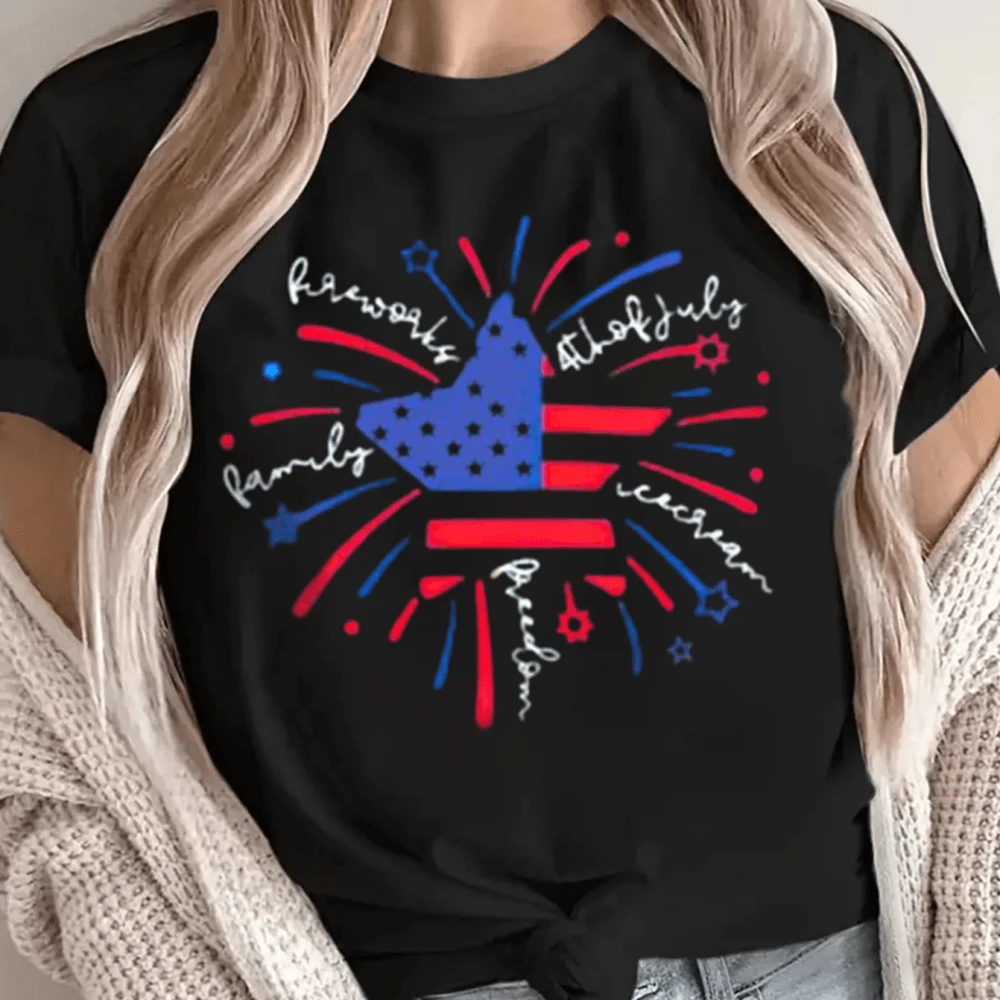 Patriotic Shirts For Womens Shirt Cute Firework Flag Tshirt Casual Short Sleeved Women S Short T Shi - Black - View 1