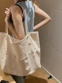 純色帆布極簡大容量時尚托特包，百搭 Ins 風購物袋，優雅必備單品 - 白色 - 查看 6