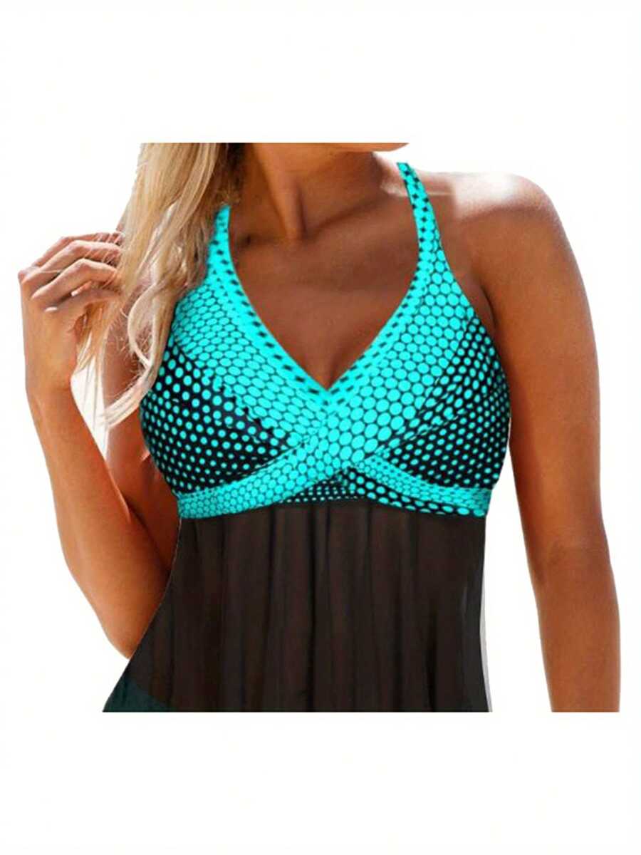 Women Two-Piece Swimming Clothes Set, V-Neck Sleeveless Variegated Color Tops And Panties, Lake Blue/ Green/ Orange/ Purple - 藍色 - 查看 1
