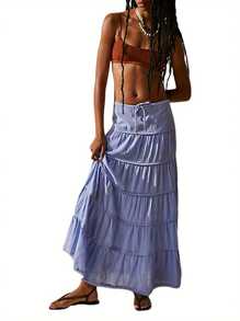 Women's Tiered Long Skirts Drawstring High Waist Solid Color Beach Skirts Summer Flowy Skirts - Light Purple - View 1