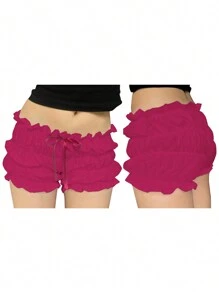 Women Summer Bloomers Shorts Casual Solid Color Ruffles Bow Elastic Short Pants For Vacation Beach Club Streetwear