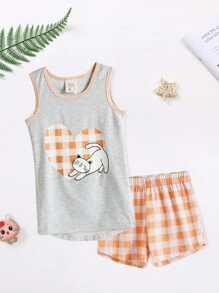 Bộ đồ ngủ 2 món in hình mèo vừa vặn và quần short kẻ caro cho bé gái, đồ mặc nhà ngày lễ thoải mái - Nhiều màu - Xem 1