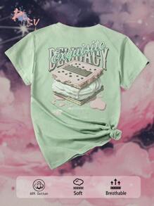 DEBY-Dames T-shirt Casual Ronde Hals Korte Mouw Drop Schouder Basic Fit Versie Bevat Katoen Textuur Delicate Voel Zacht En Comfortabel Ademend Veelzijdig, Gemakkelijk Te Combineren En Duurzaam Voor Meerdere Gelegenheden, Eenvoudig Geavanceerd Creatief Casual Kunst Letter Fruit Voedsel Patroon Dubbelzijdig Bedrukt Top