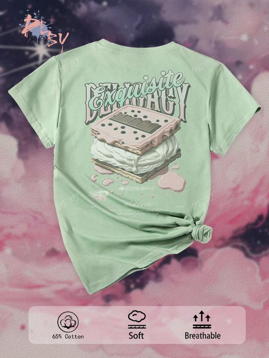 DEBY-Dames T-shirt Casual Ronde Hals Korte Mouw Drop Schouder Basic Fit Versie Bevat Katoen Textuur Delicate Voel Zacht En Comfortabel Ademend Veelzijdig, Gemakkelijk Te Combineren En Duurzaam Voor Meerdere Gelegenheden, Eenvoudig Geavanceerd Creatief Casual Kunst Letter Fruit Voedsel Patroon Dubbelzijdig Bedrukt Top