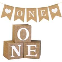 1 Pc Neutral Burlap Print ONE Boxes For 1st First Birthday Decorations, Large 3Pcs Rustic Boho ONE Sign Boxes With Letters Banner