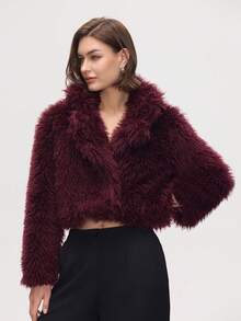 Chaqueta corta de imitación de piel elegante para otoño/invierno - vino tinto - Ver 7