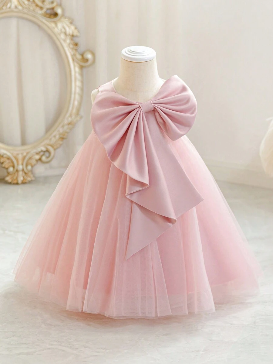女婴粉色蝴蝶结圣诞派对礼服，优雅公主薄纱长裙，适合一周岁生日、婚礼、宴会、节日庆典等场合 - 粉色 - 查看 1