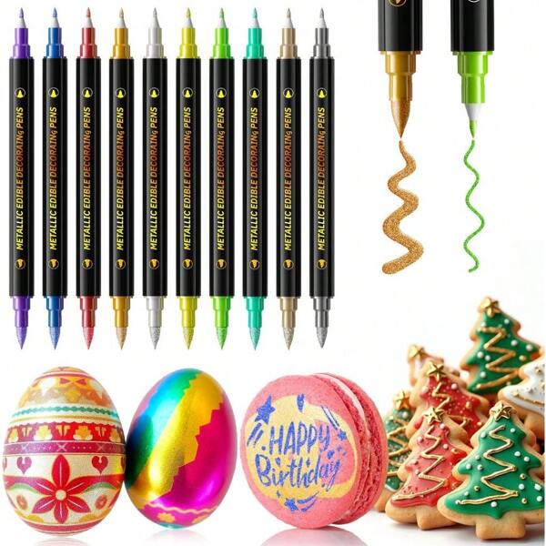 Edible Markers For Cookie Decorating, Upgrade Grade Metallic Markers Gold Shimmering Pens, Double Sided Tip Food Coloring Pens