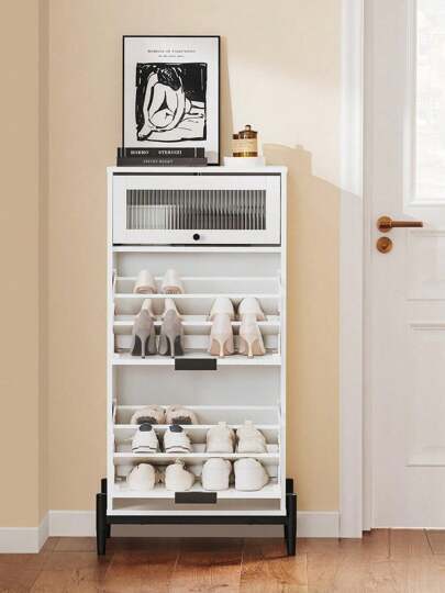 SoBuy Shoe Tipper Shoe Cabinet Narrow Shoe Rack Made Of MDF(E1) Metal White