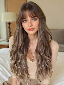 26-Inch Long Curly Wig With Bangs Ombre Brown Wigs For Women Synthetic Wigs For Daily Party. - Brown Ombre - View 1