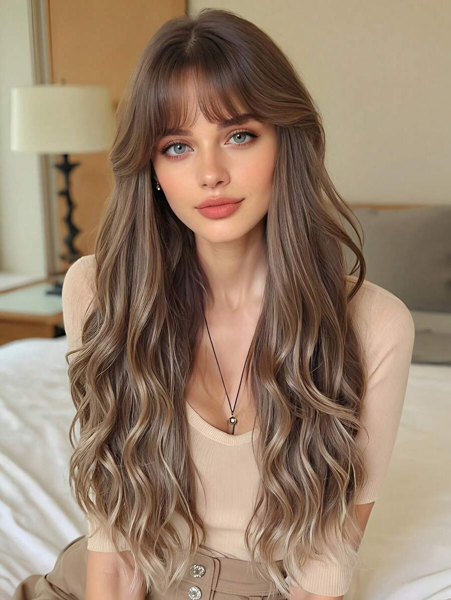 26-Inch Long Curly Wig With Bangs Ombre Brown Wigs For Women Synthetic Wigs For Daily Party. - Brown Ombre - View 1