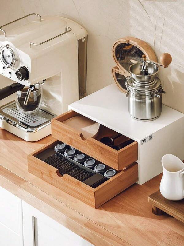 SoBuy FRG180-WN Kaffeekapsel Box aus MDF und Bambus Kapselständer mit 2 Schubladen Aufbewahrungsbox Kapselspender Schubladenbox Schreibtischorganizer