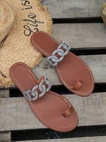Women's Summer Beach Style Round Toe Flat Sandals, Shiny Rhinestone Bohemian Casual Comfortable Slip-On Toe Post Slippers