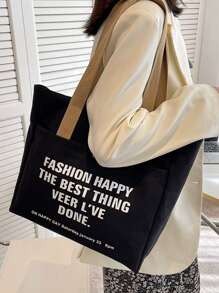 1pc Canvas Shoulder Bag For Women, Versatile Casual Tote, Large Capacity For Books, Students, Commuting - Multicolor - View 4