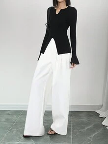 Women's V-Neck Fitted Slim Ribbed Knitted Flare Sleeve Slit Sweater - Black - View 5