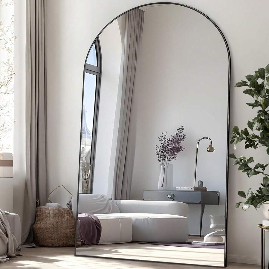 Furnbar Full Length Mirror  Arched Floor Mirror Freestanding Full Body Oversized Floor Free Standing Leaning Hanging Mounted Aluminum Alloy Frame Floor Mirror For Bedroom Cloakroom Living Room - 黑色 - 查看 1