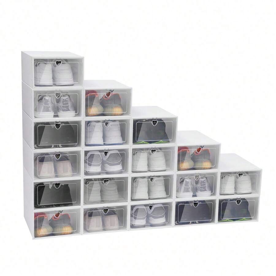 20Pcs Clear Plastic Shoe Storage Boxes, Drawer Stackable Foldable Heart-Shape Gift, PP Material, Simple, Modern Style, 20x Large Foldable Plastic Shoe Storage Boxes - White - View 1
