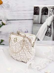 White Color Women Pearl Clutch Bag, Beaded Evening Bag, Wedding Clutch With Handle Suitable For Parties, Weddings, Formal Events, Prom Dresses, Bridesmaids Dresses, Perfect For Party Wedding Prom Dinner/Banquet, Matching With Holiday Party Dress Evening Dress & Sequin Dress Banquet Bag Bridal Wallet Party Pearl Handbag, It Is An Ideal Gift For Women, Elegant Pearl Bag, Prom Bag For Party - White - View 4