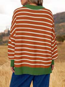 Women's Loose Stripes Sweaters Long Sleeve Round Neck Contrast Color Knit Tops Fall Jumper Tops