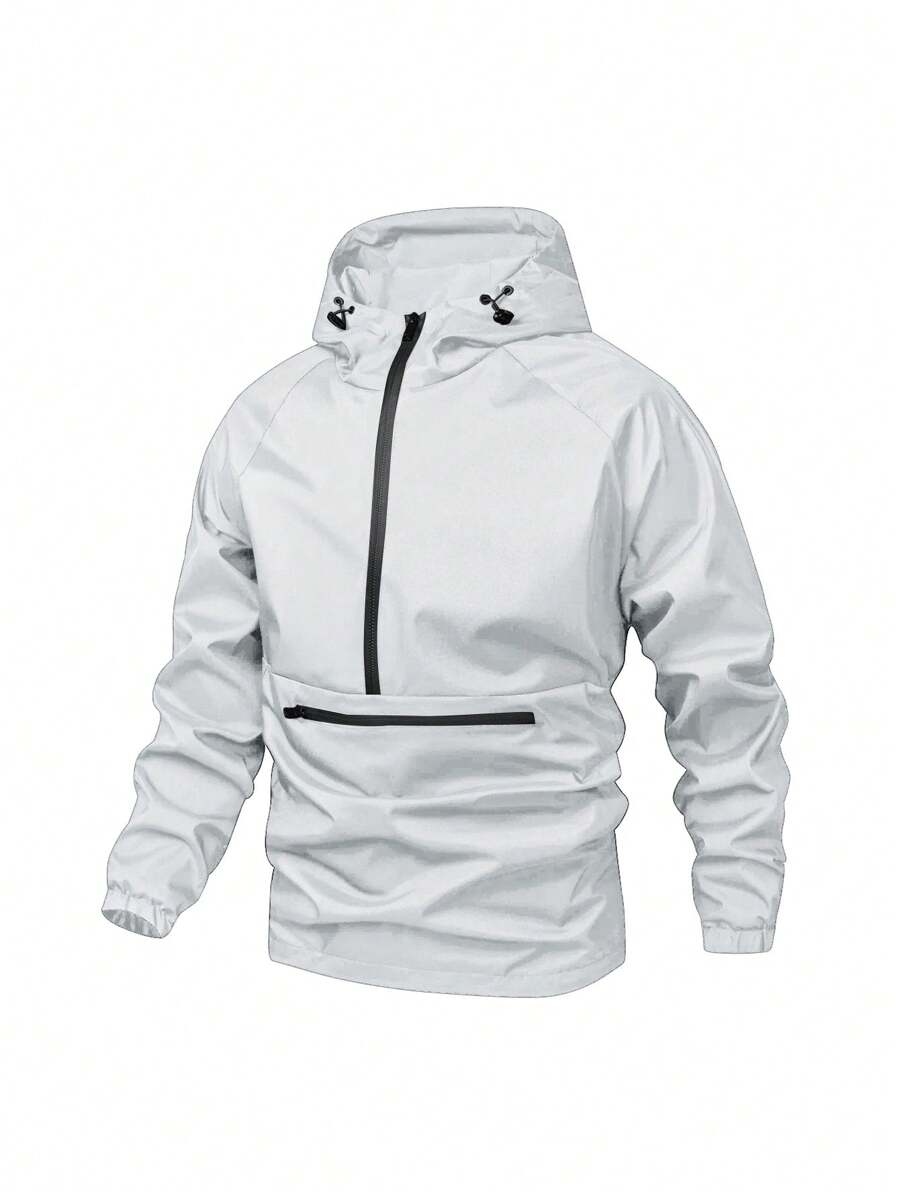 Men's Minimalist Fashion Casual Versatile Half-Zip Hoodie Jacket, Lightweight Hooded Black Long Sleeve Jacket For Outings, Suitable As Gift For Friends, Husbands, Boyfriends - Light Grey - View 1