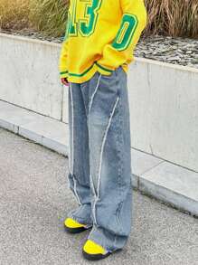Men's Water Washed Blue Patchwork Fringe Streetwear Fashion Casual Jeans