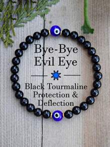 Braccialetto di cristallo con occhio malvagio, tormalina nera, empatia, protezione dell'aura, assorbimento di energia negativa, guarigione cristallina, sollievo dallo stress