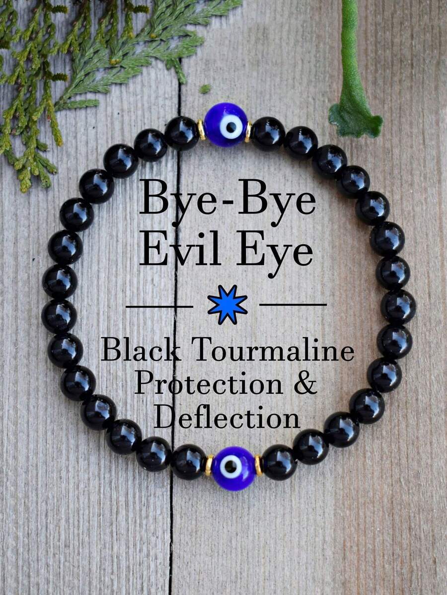 Braccialetto di cristallo con occhio malvagio, tormalina nera, empatia, protezione dell'aura, assorbimento di energia negativa, guarigione cristallina, sollievo dallo stress