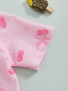 Toddler Girl Rash Guard Swimsuit Cherry/Bow Print Zipper Short Sleeve Zip Up Bathing Suit - Peach - View 6