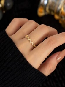 Flyleaf 1pc Luxury S925 Sterling Silver 18K Gold Plated Fully Paved Cubic Zirconia Multi-Layer Wavy Serrated Open Ring, Versatile For Commuting And Daily Wear - Gold - View 3