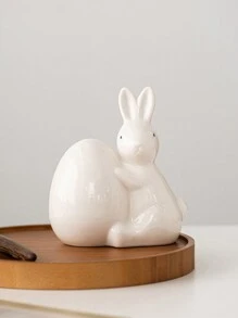 1 Peça Estatueta Cerâmica de Coelho Segurando Ovo, Branco/Rosa, Estilo Minimalista Fofo, Decoração de Páscoa, Adequado para Mesa de Escritório, Casa, Cozinha, Quarto, Sala de Estar, Enfeite Festivo