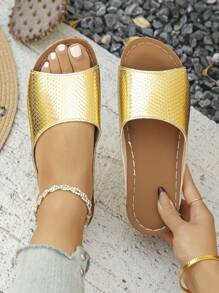 Plus Size EU36-45 Women's Casual Thick Sole Sandals, New Summer Fashion Comfortable Platform Slip-On Slippers, Non-Slip Wedge Heel Fishscale Pattern Slides - Gold - View 2