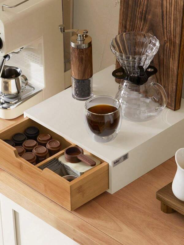 SoBuy FRG179-WN Kaffeekapsel Box aus MDF und Bambus Kapselhalter für Kapseln Kapselständer Monitorständer Kapselspender Monitorerhöhung mit Schublade